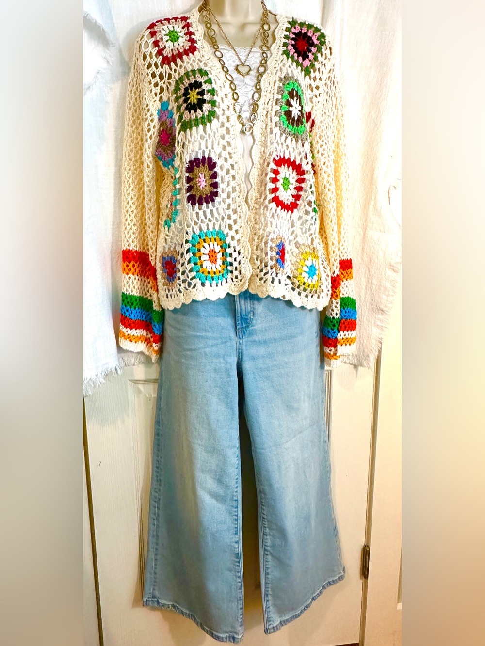 Cream Crochet Cardigan with Multicolor Granny Squares